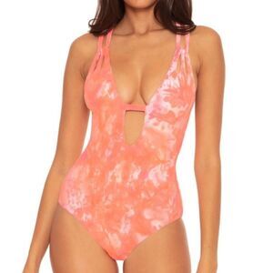 BECCA Crystal Skylar plunge one piece swimsuit Orange pink white tie dye